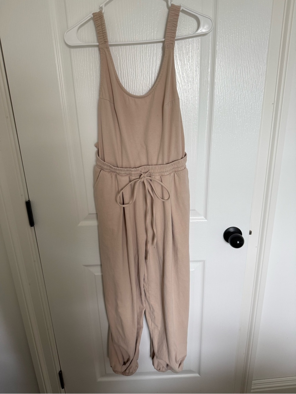 Beige Wide-Leg Suspender Romper with Pockets